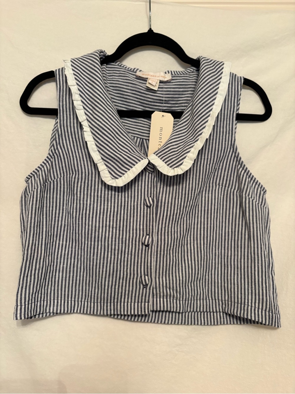Monteau Navy and White Striped Sleeveless Button-Front Top with Ruffle Collar